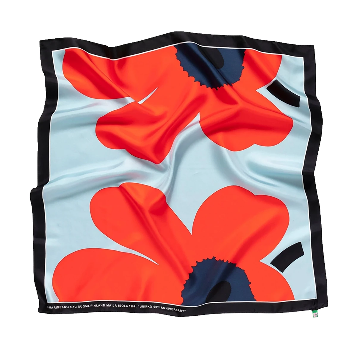 Marimekko Lauhtua Heijastus Unikko Blue / Orange-Red / Navy Silk Scarf - Anniversary Edition 3 Marimekko Lauhtua Heijastus Unikko Blue / Orange-Red / Navy Silk Scarf - Anniversary Edition
