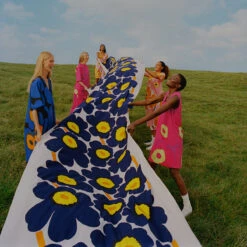 Marimekko Unikko Dark Blue / Yellow / Orange Cotton Fabric - Anniversary Edition