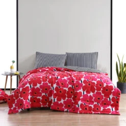 Marimekko Unikko Red / Ajo Black Reversible Full / Queen Blanket -home decoration marimekko unikko red ajo black reversible full queen blanket 58